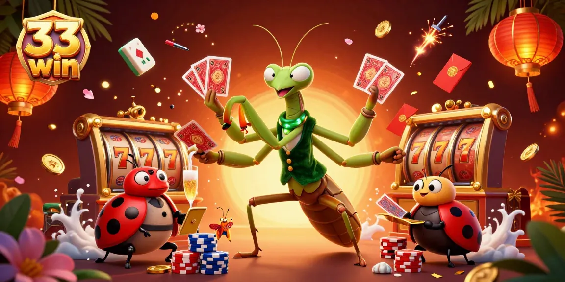 33 win characters deal cards and pour champagne in a vibrant casino illustration.