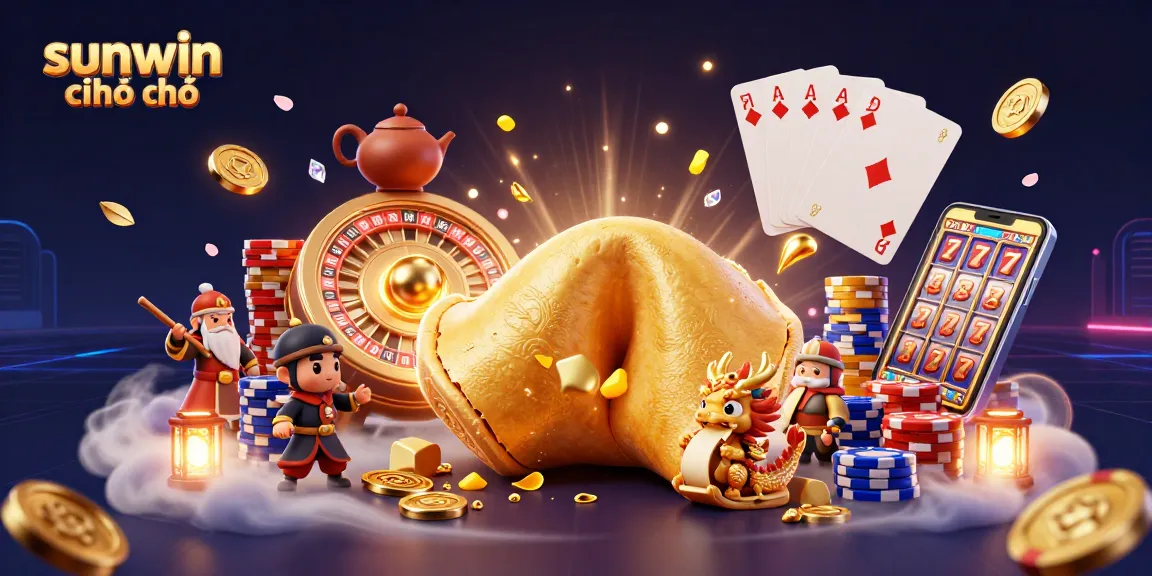 Play and win big at sunwin chính chủ with a vibrant display of casino elements and golden treasures.