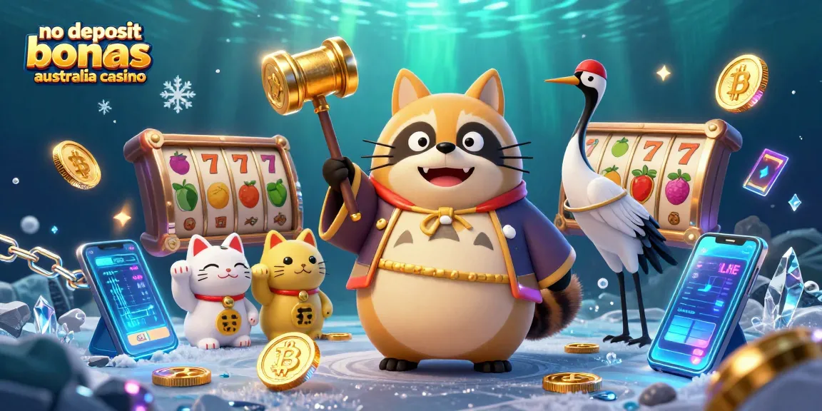 Experience thrilling no deposit bonuses Australia casino with a unique 3D illustration featuring a tanuki, crane, and fortune cats.