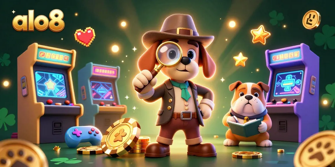 Join the action at alo8, where a cartoon detective finds poker chip treasure amidst vibrant gaming elements.