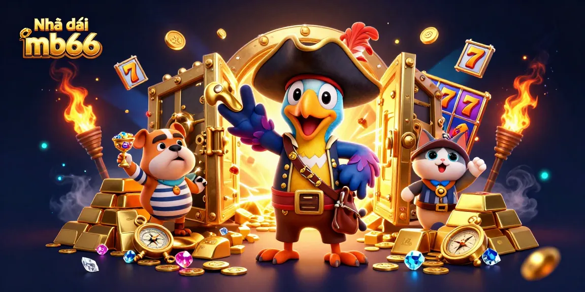 Nhà cái mb66 showcases thrilling gaming elements with a vibrant scene featuring a pirate captain and treasure.