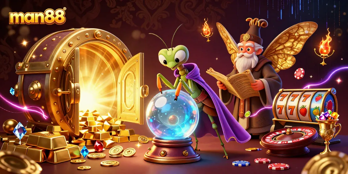 Experience the magic of man88 with a vibrant 3D casino fantasy featuring fortune tellers and iconic gaming elements.