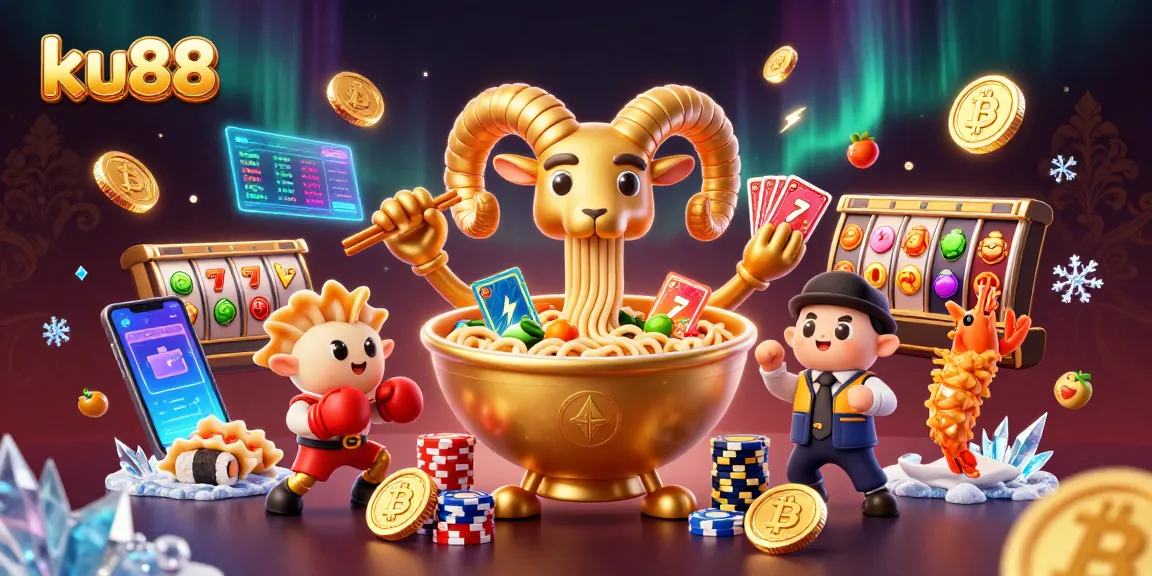 ku88 showcases a vibrant online casino scene featuring a giant ramen bowl dealer surrounded by slot reels and crypto elements.