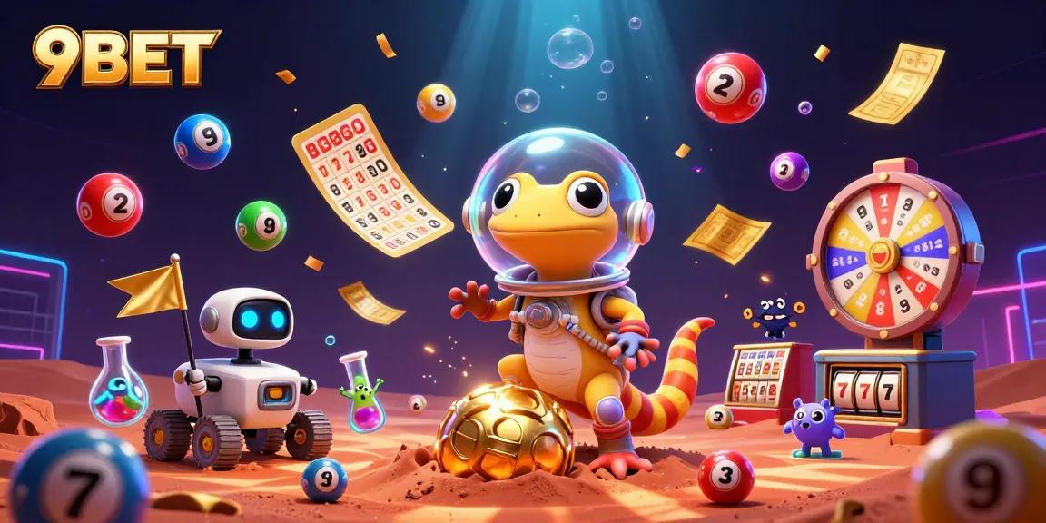 Engage with 9BET as a Martian gecko uncovers a buried casino amid colorful gambling elements.