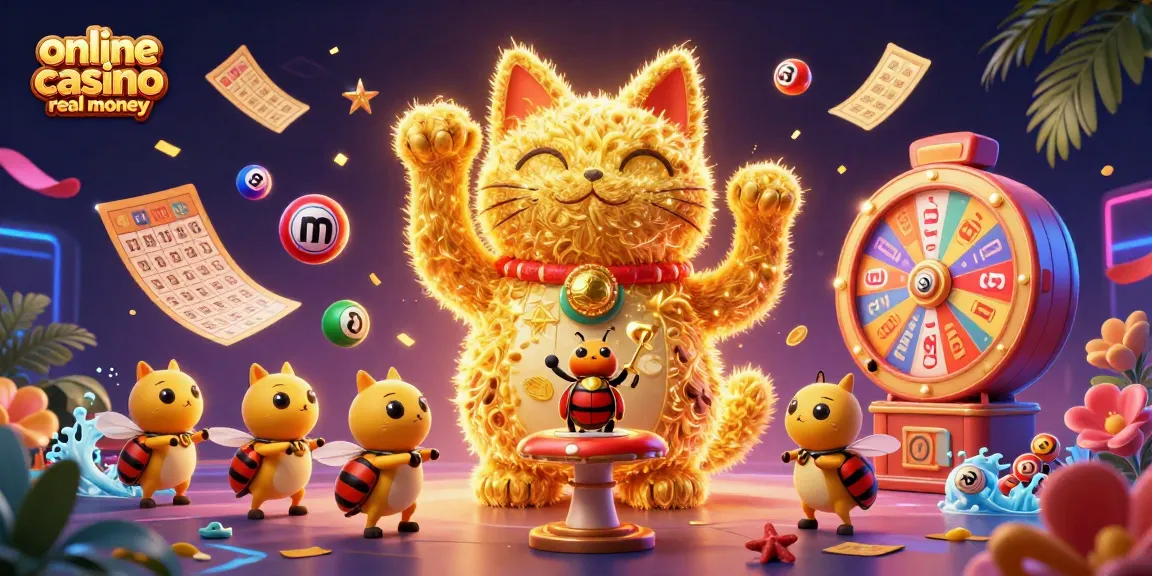 Engage with thrilling online casino real money adventures featuring a vibrant lucky cat and casino symbols.
